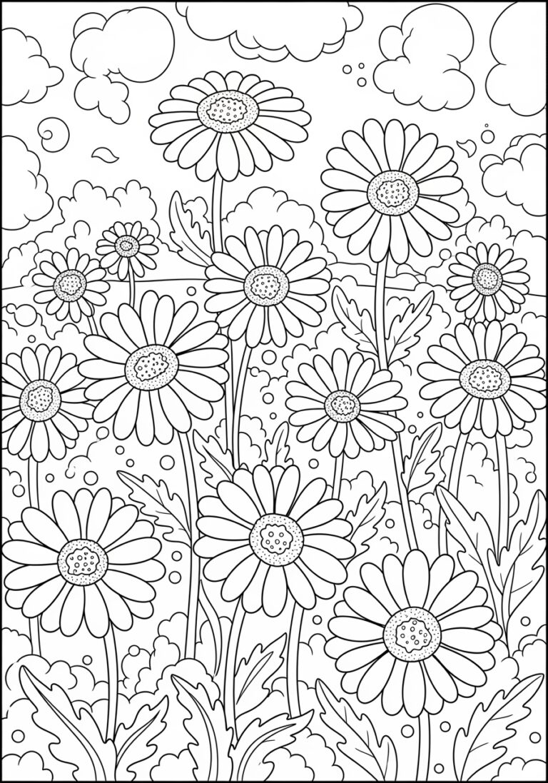 Daisy Garden Scene Coloring Page