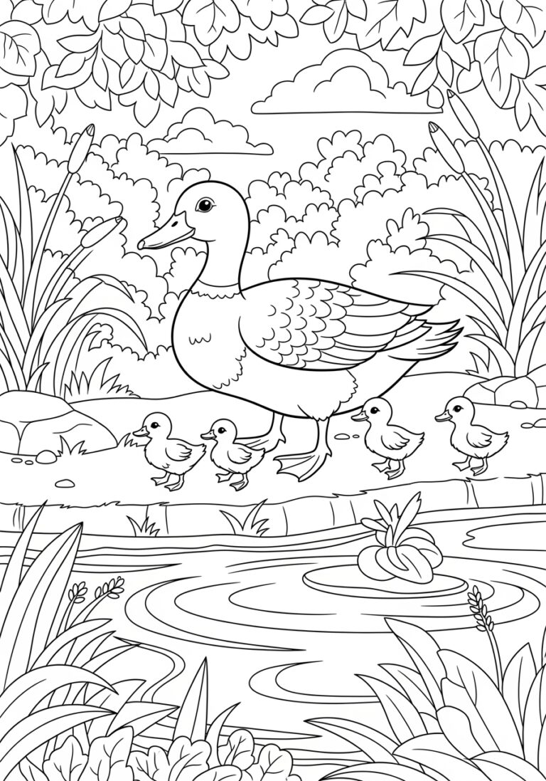 Duck and Ducklings Coloring Page