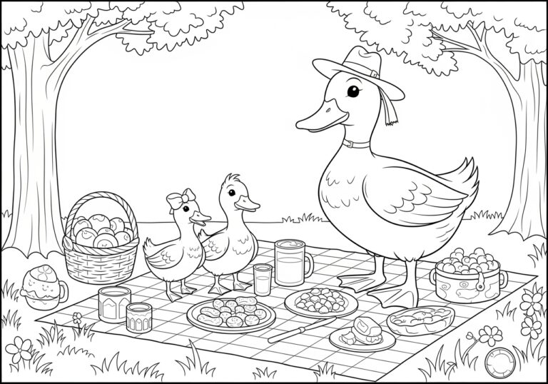 Duck Family Picnic Coloring Page