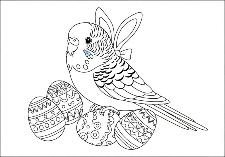Easter Budgie with Eggs Coloring Page