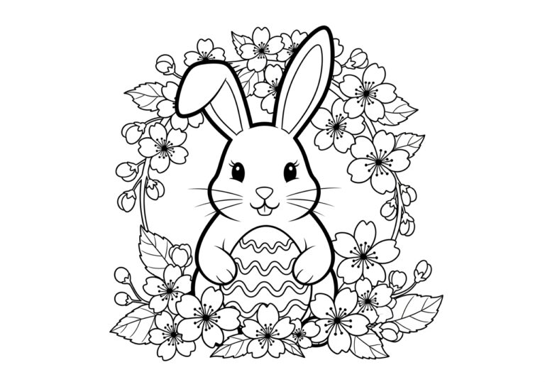 Easter Bunny with Cherry Blossoms Coloring Page