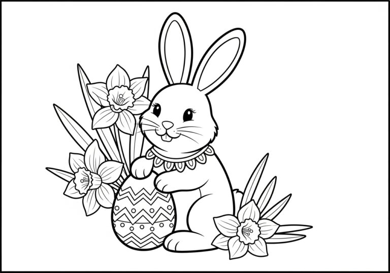 Easter Bunny with Daffodils Coloring Page