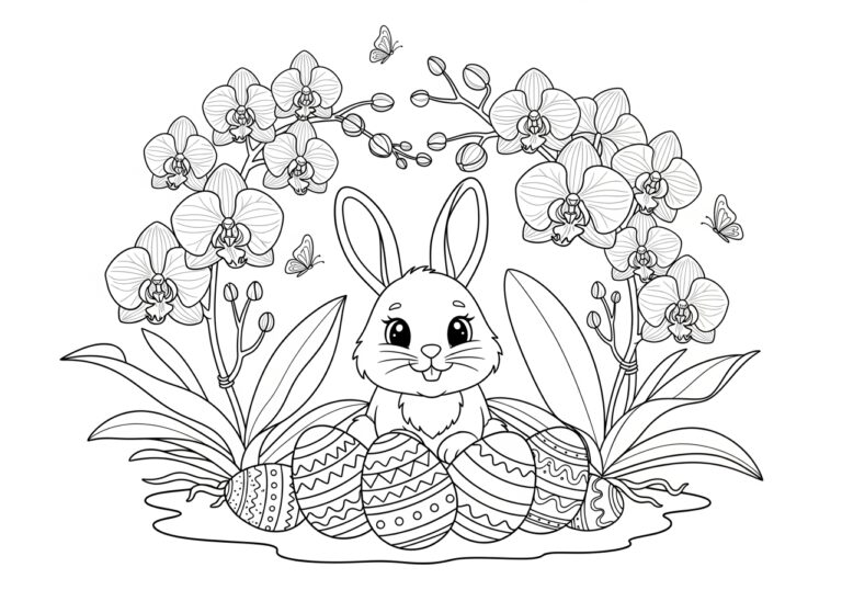 Easter Bunny with Orchids Coloring Page