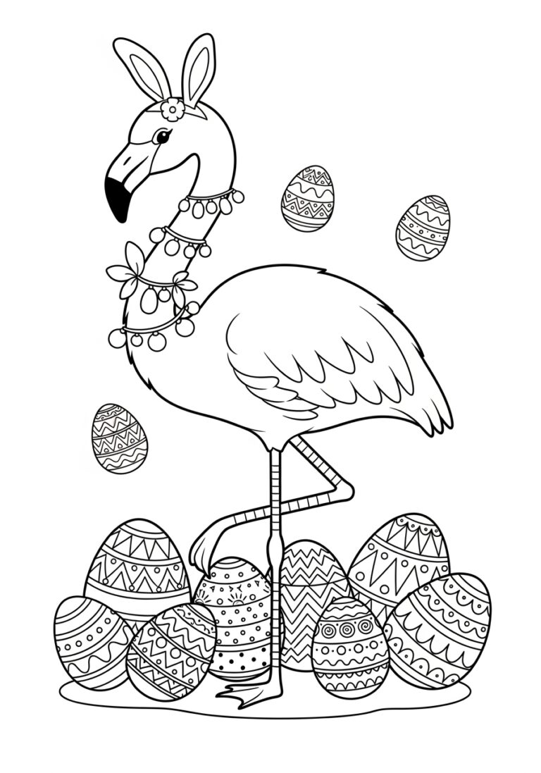 Easter Flamingo with Decorated Eggs Coloring Page