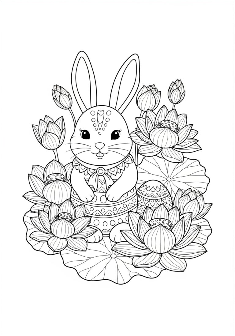 Easter Lotus and Bunny Coloring Page