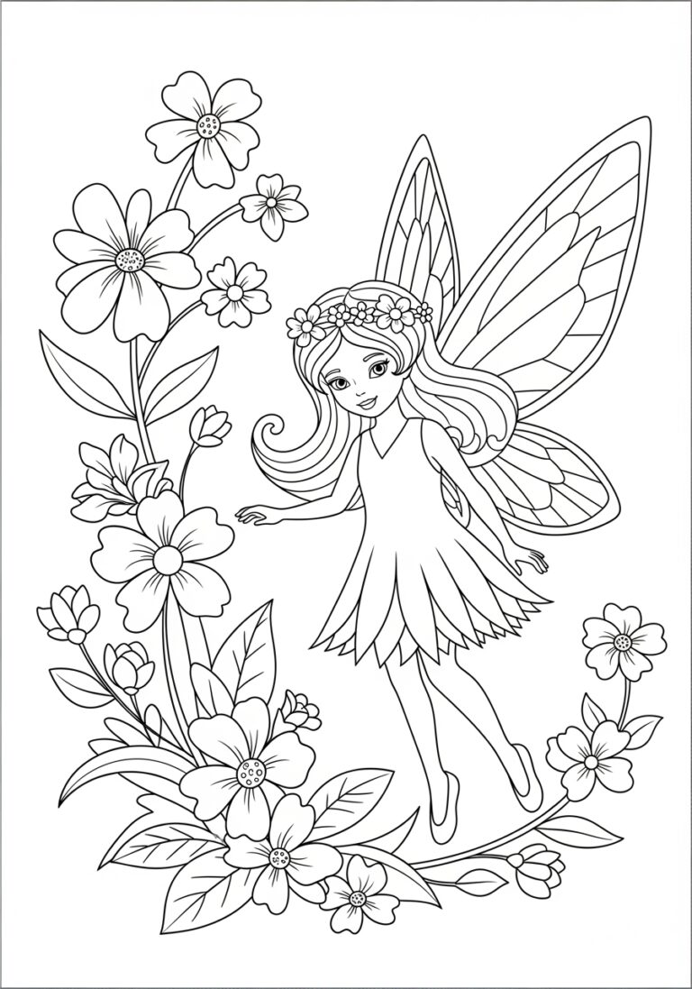 Fairy and Flower Coloring Page