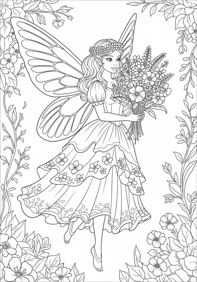 Fairy Holding Bouquet Coloring Page