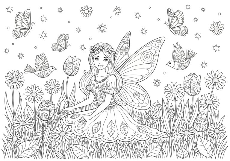 Fairy in a Floral Meadow Coloring Page