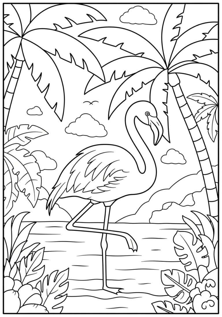 Flamingo in a Tropical Paradise Coloring Page