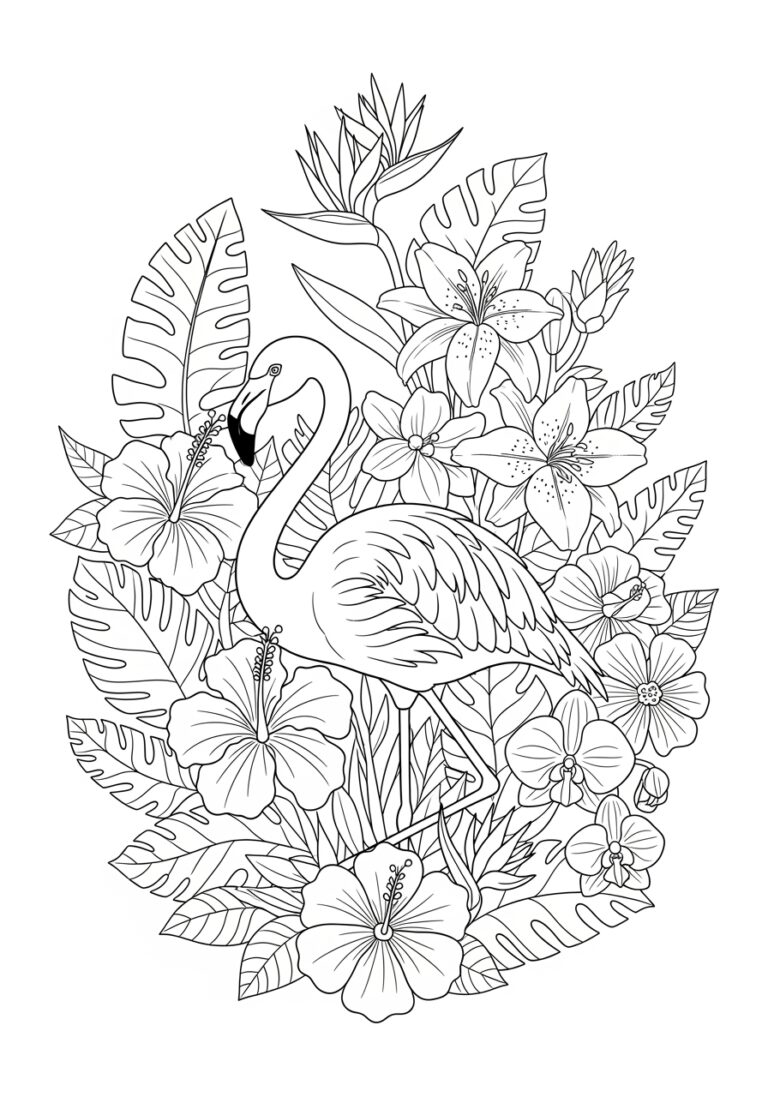 Flamingo with Flowers in a Garden Coloring Page