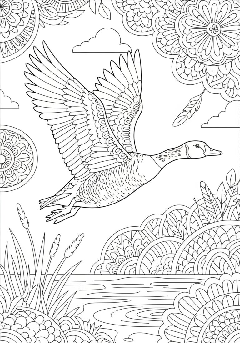 Goose Flying Over a Pond Coloring Page