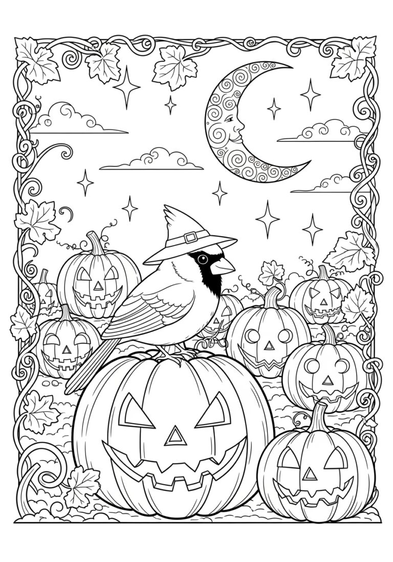 Halloween Cardinal in a Pumpkin Patch Coloring Page