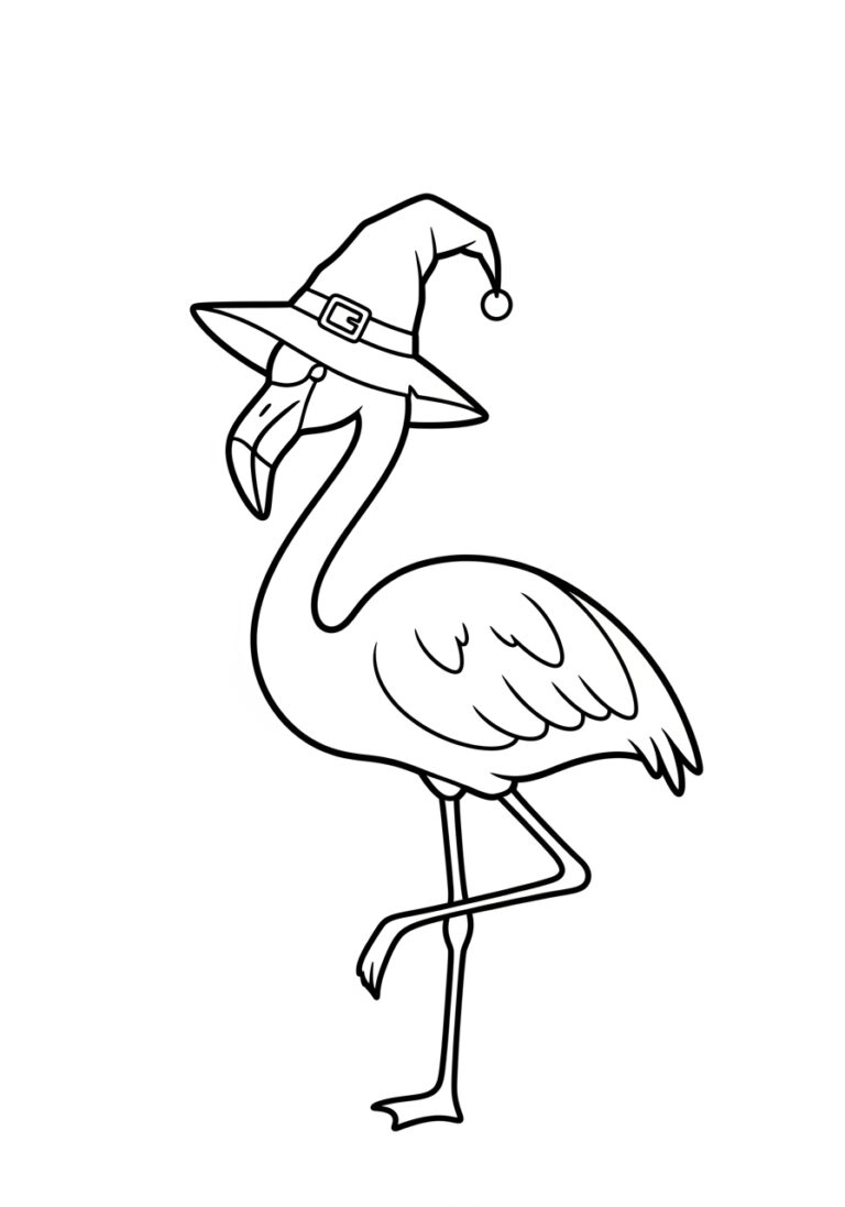 Halloween Flamingo with a Witch Hat Coloring Page