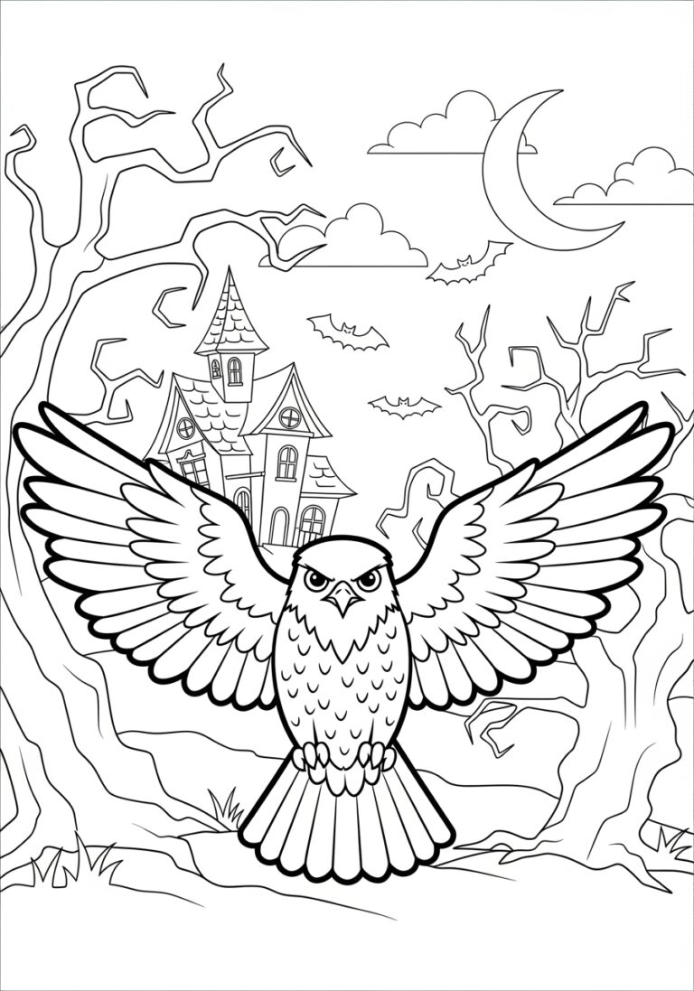 Halloween Hawk with Spooky Background Coloring Page