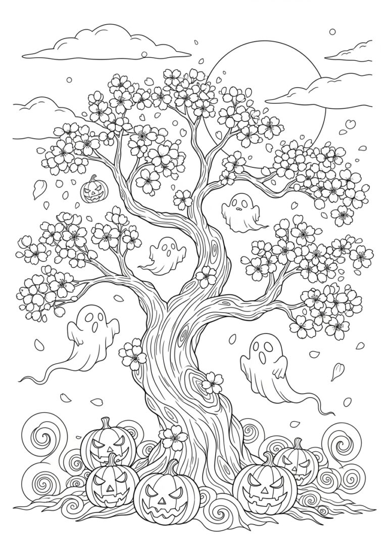 Halloween Night with Cherry Blossom Coloring Page