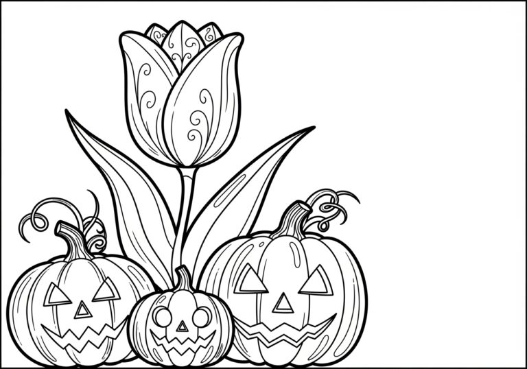Halloween Tulip with Pumpkins Coloring Page