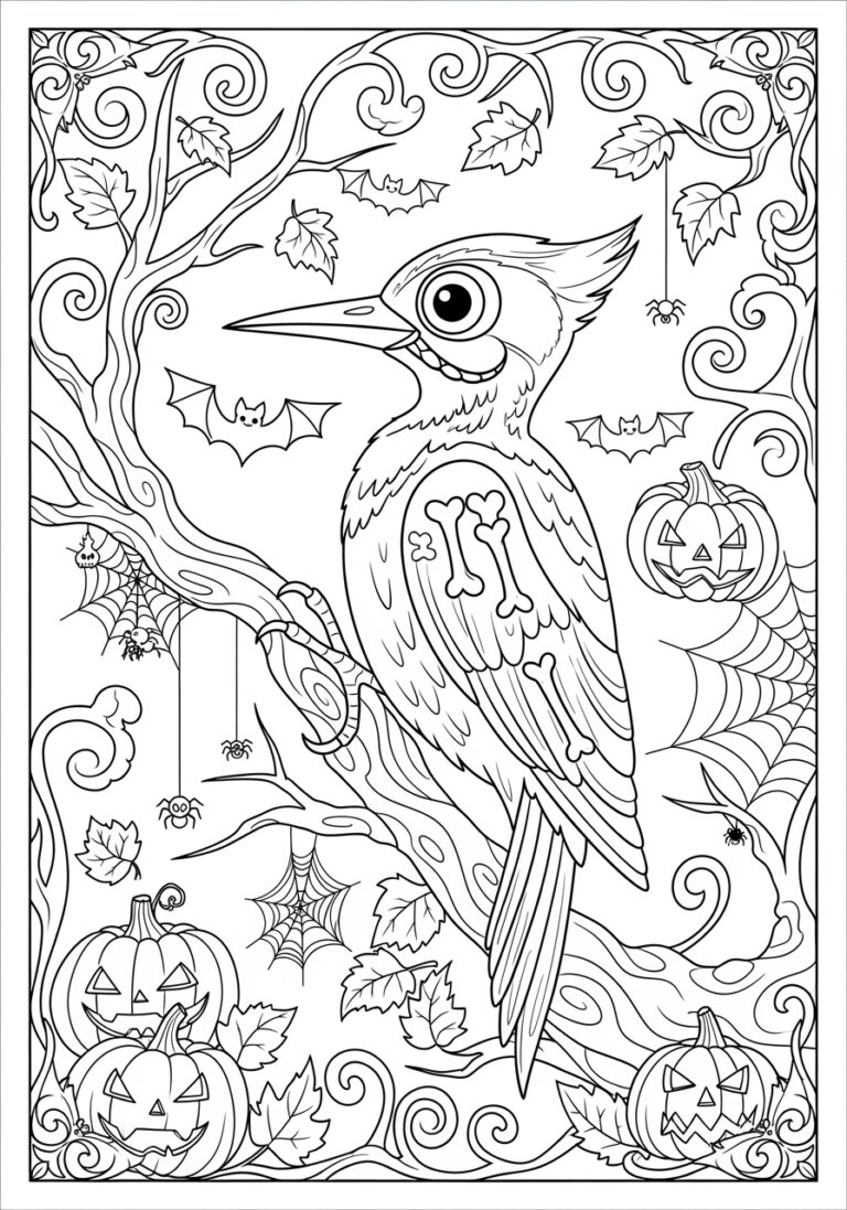 Halloween Woodpecker Coloring Page