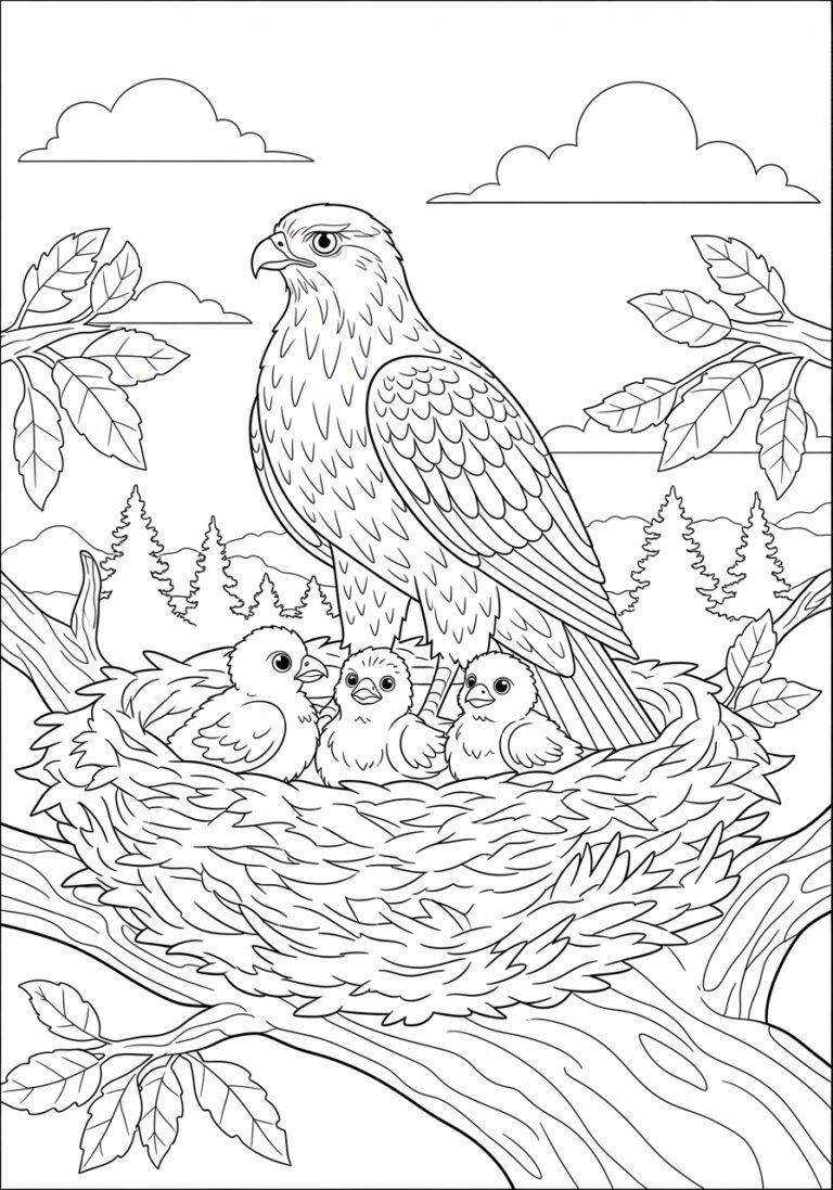 Hawk and Chick in Nest Coloring Page