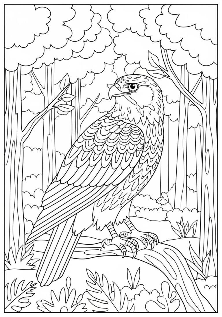 Hawk in a Forest Setting Coloring Page
