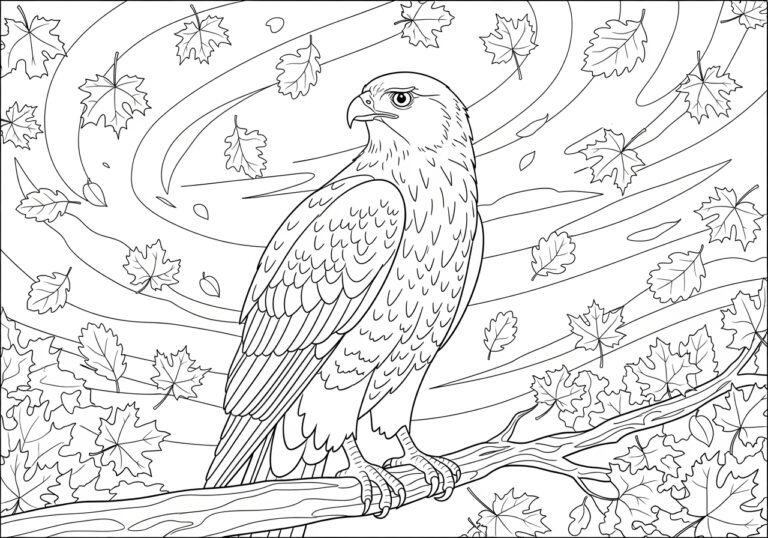 Hawk in Autumn Leaves Coloring Page