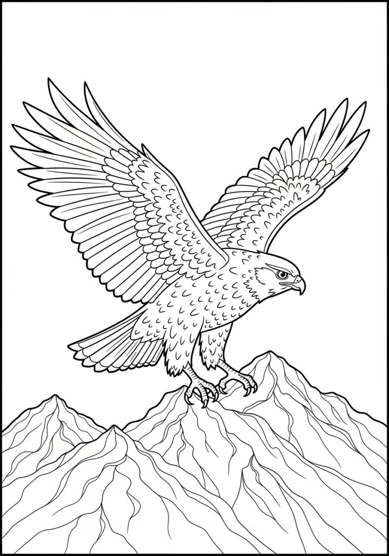Hawk Soaring Over Mountain Coloring Page