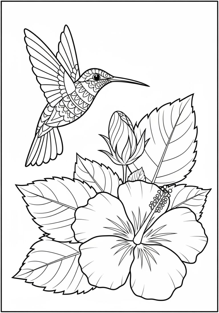 Hibiscus and Hummingbird Coloring Page