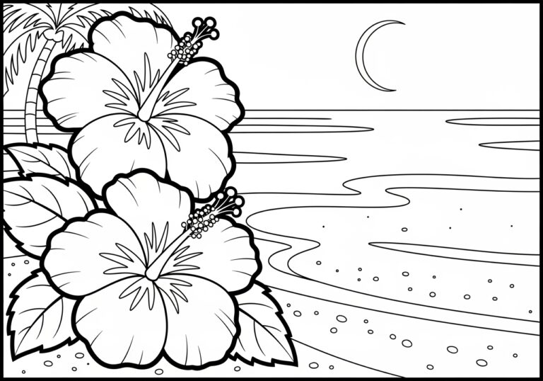 Hibiscus on a Beach Coloring Page