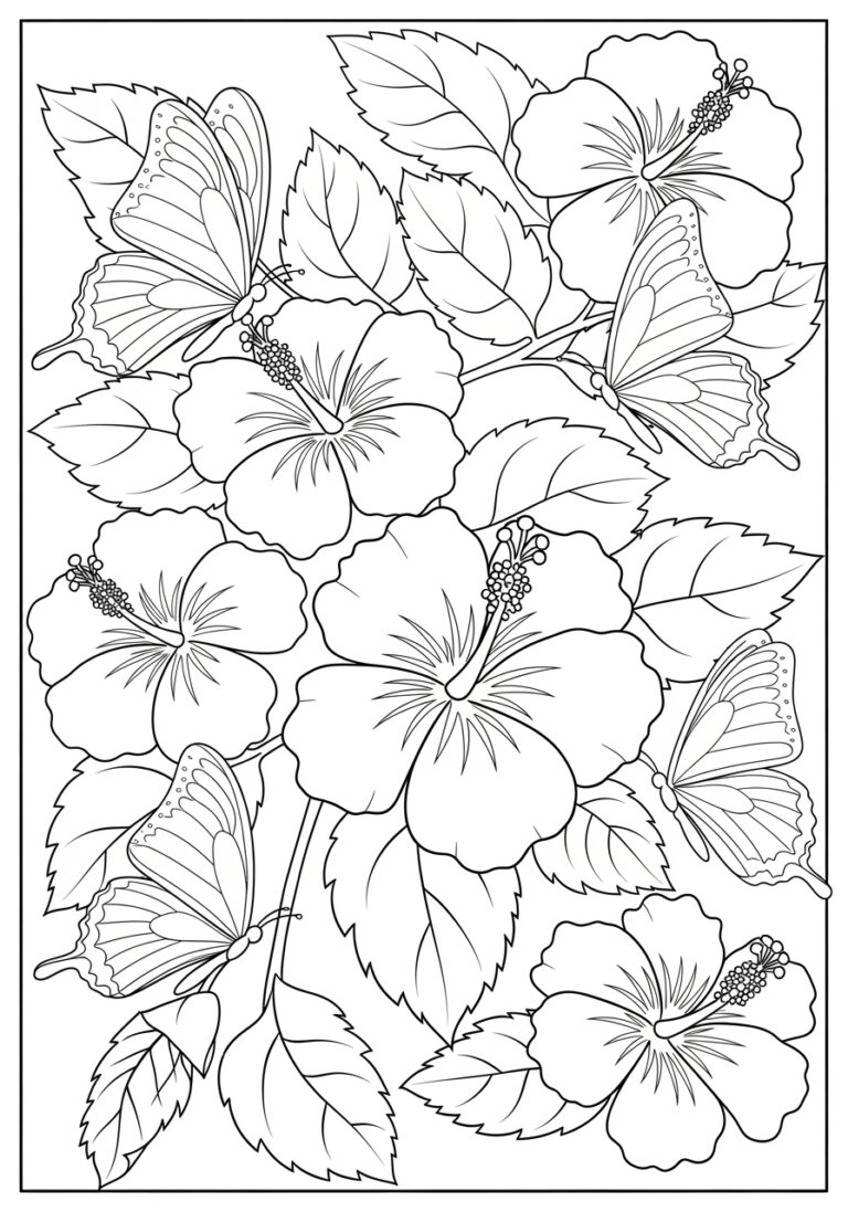 Hibiscus with Butterfly Coloring Page