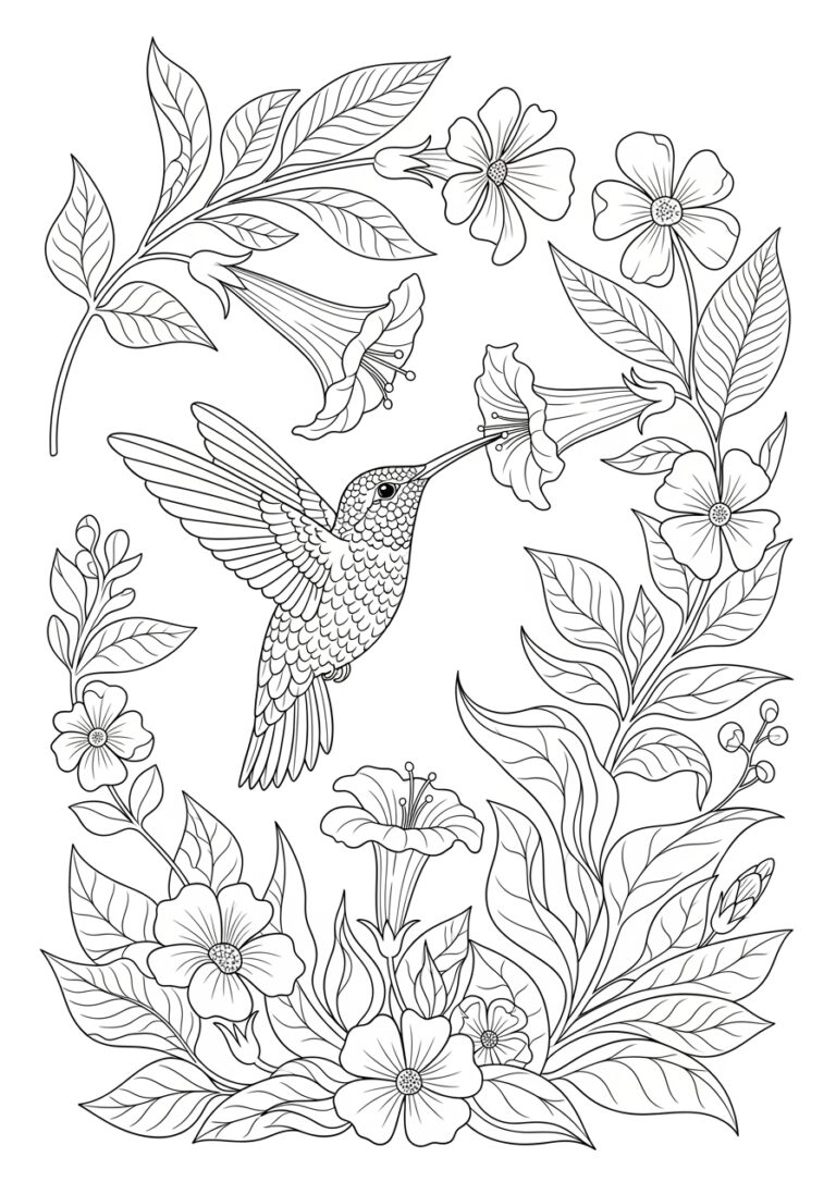 Hummingbird and Flower Coloring Page
