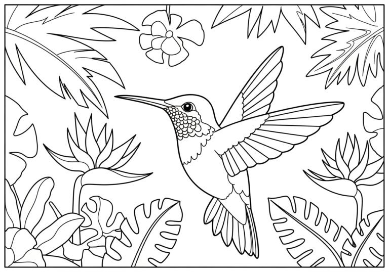Hummingbird with Tropical Scenery Coloring Page