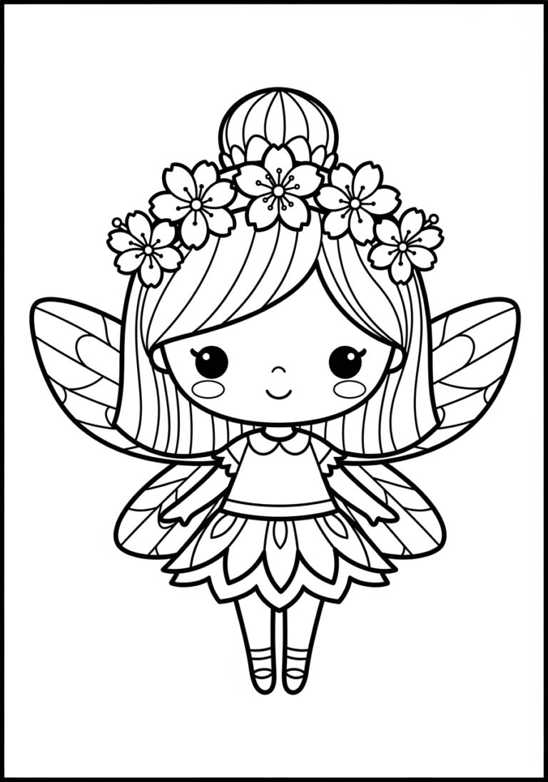 Kawaii Cherry Blossom Fairy Coloring Page
