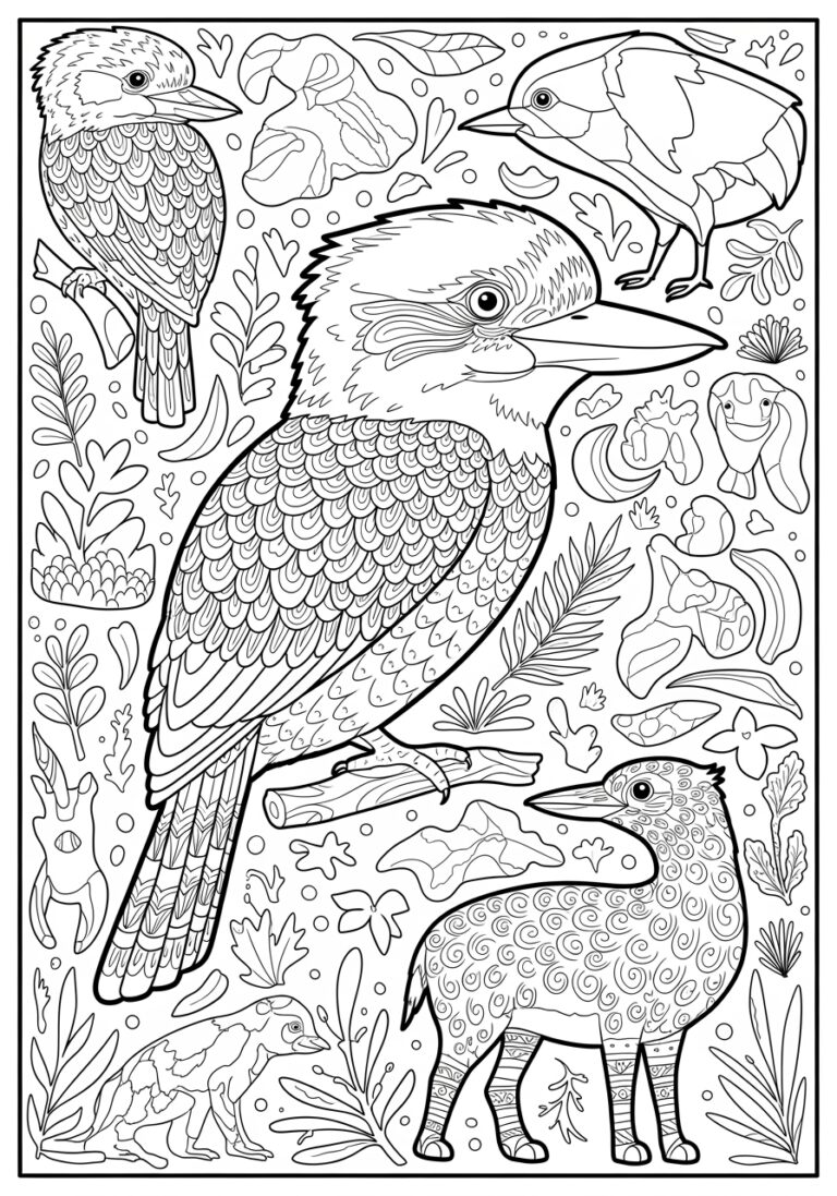 Kookaburra and Australian Wildlife Coloring Page
