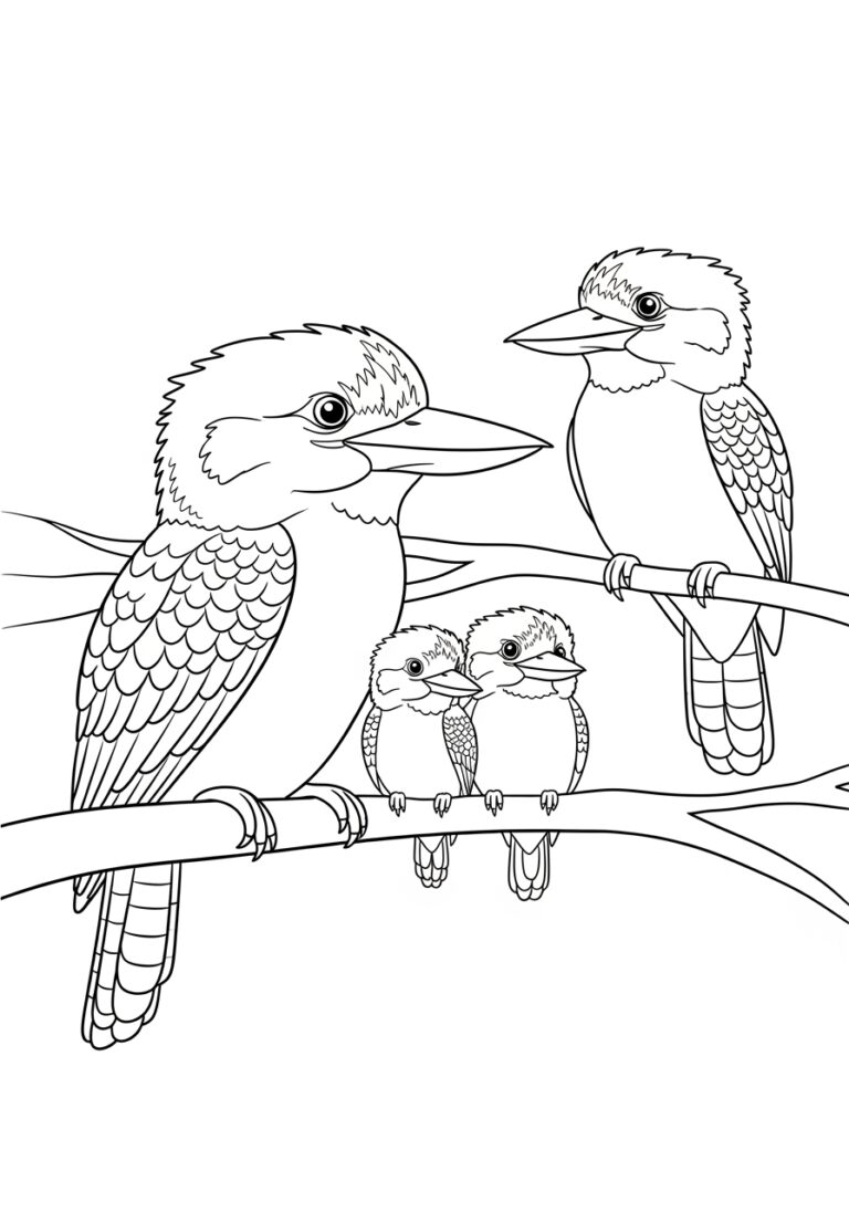 Kookaburra Family on a Branch Coloring Page