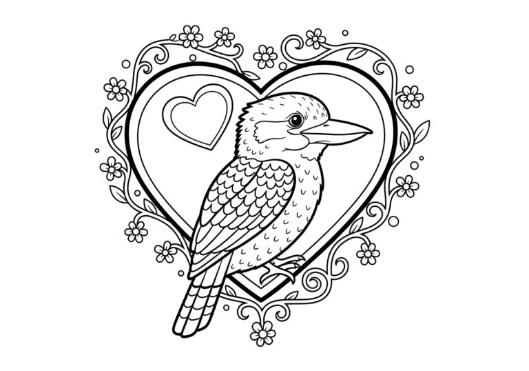 Kookaburra with a Valentine Heart Coloring Page