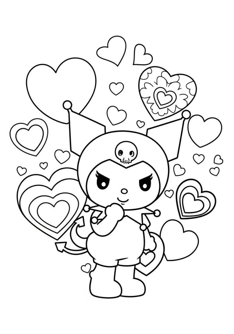 Kuromi Love and Heart Coloring Page