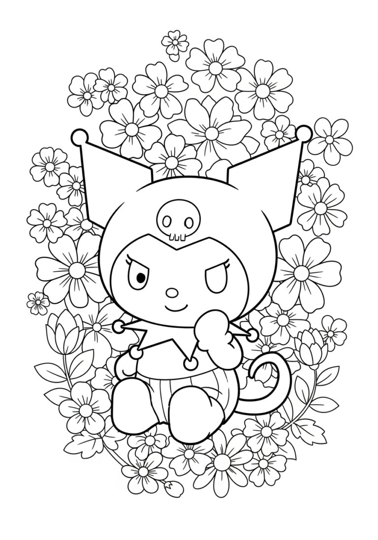 Kuromi with Flowers Coloring Page