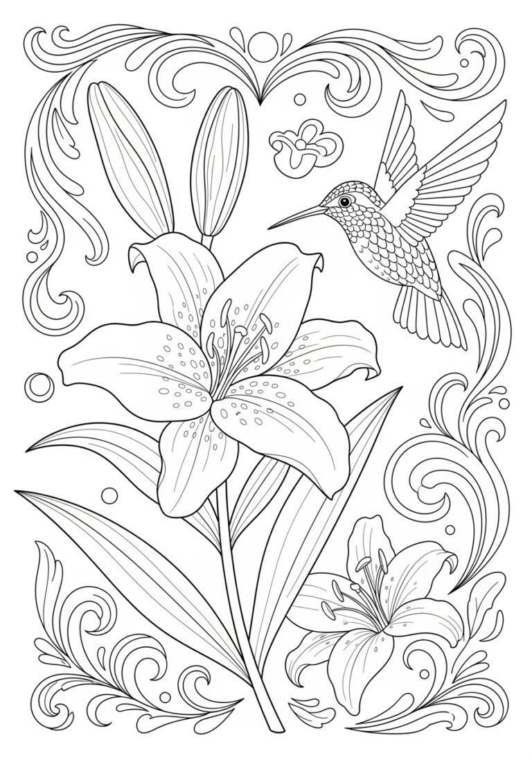 Lily and Hummingbird Coloring Page