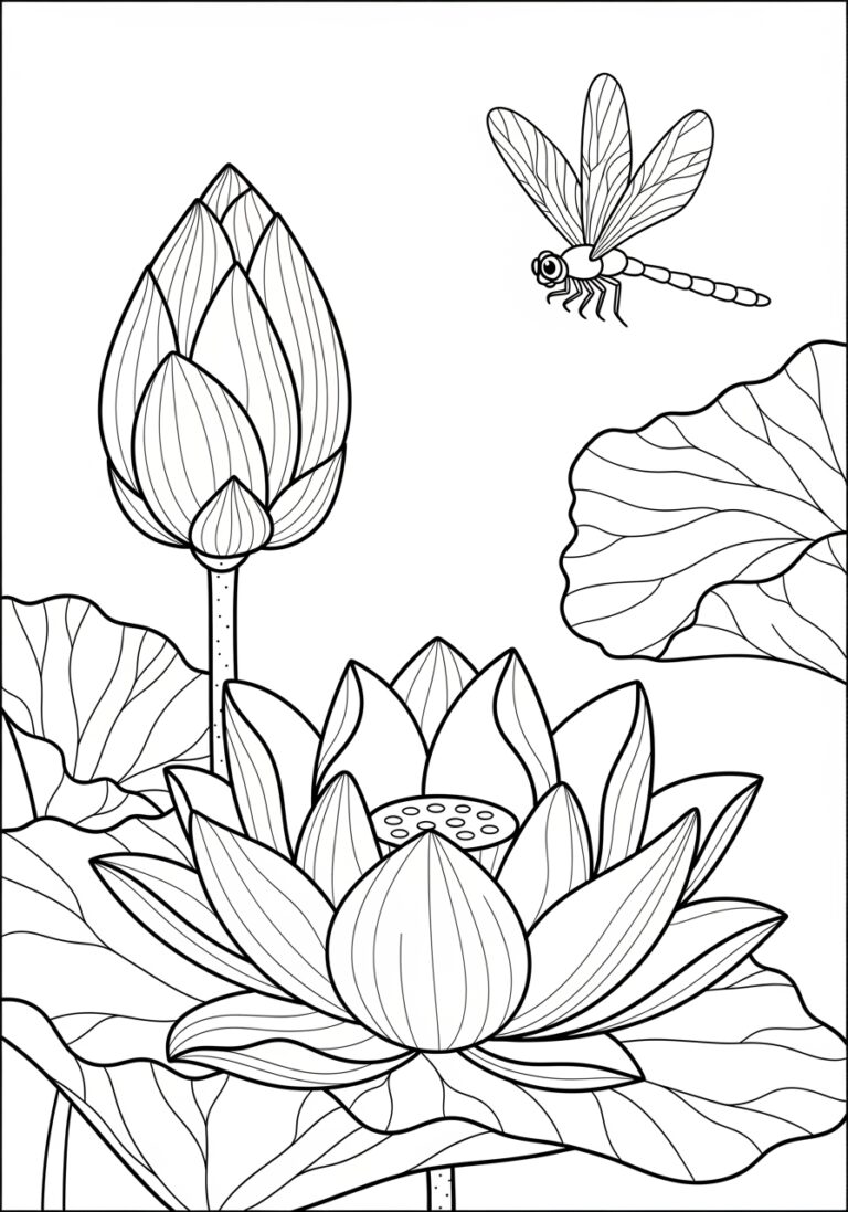 Lotus and Dragonfly Coloring Page