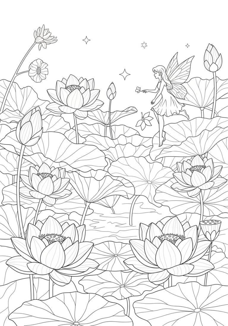 Lotus and Fairy Garden Coloring Page