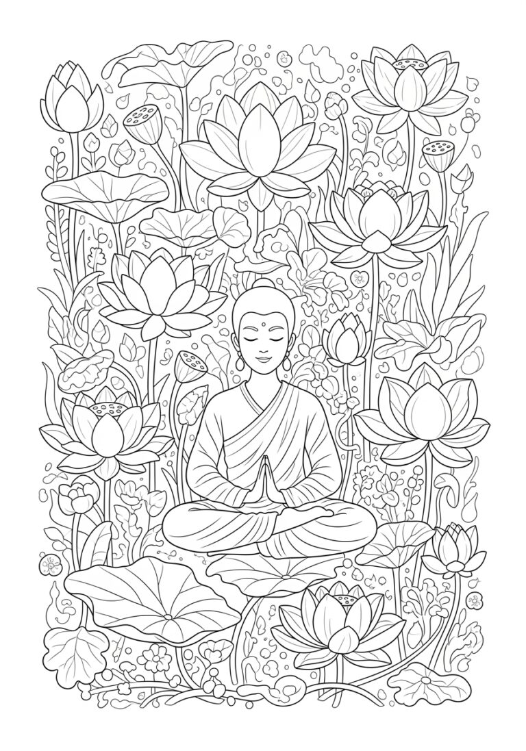 Lotus and Meditation Scene Coloring Page