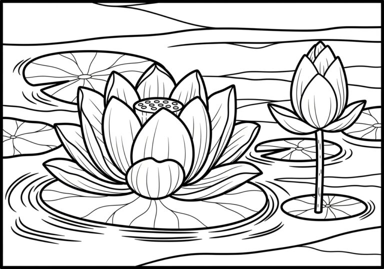 Lotus Flower in a Pond Coloring Page