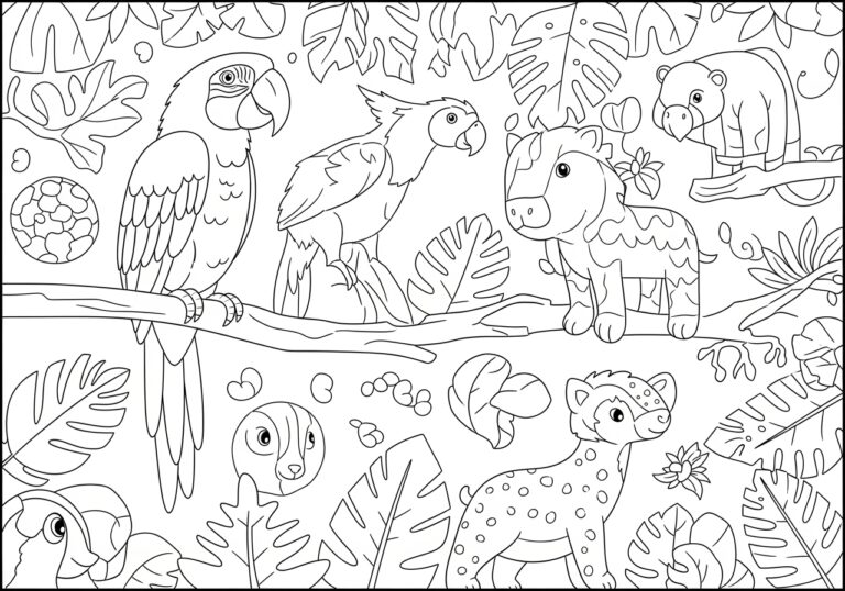 Macaw and Jungle Animals Coloring Page