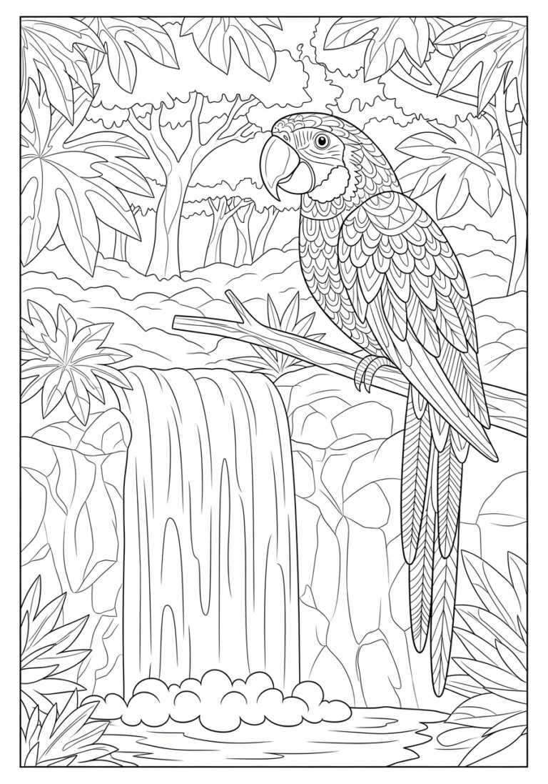 Macaw and Rainforest Waterfall Coloring Page