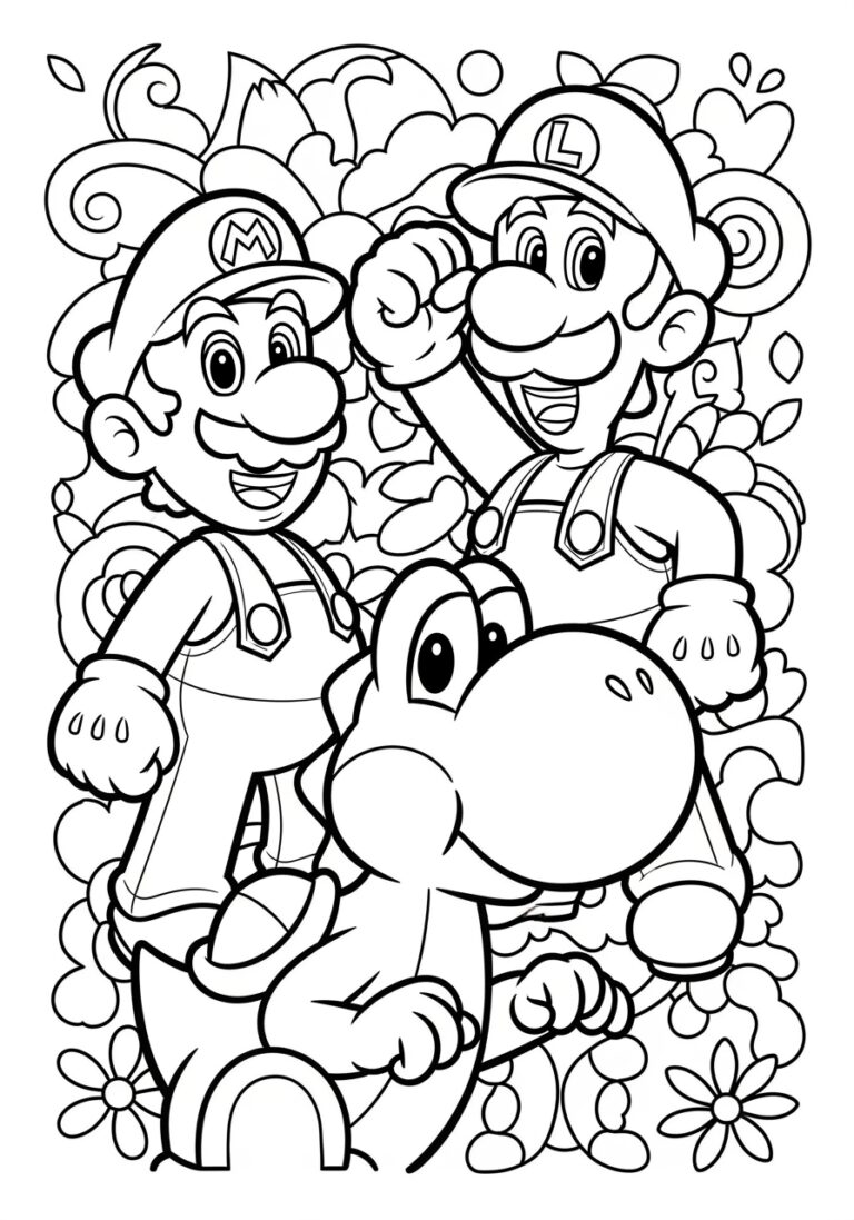 Mario, Luigi, and Yoshi Coloring Page