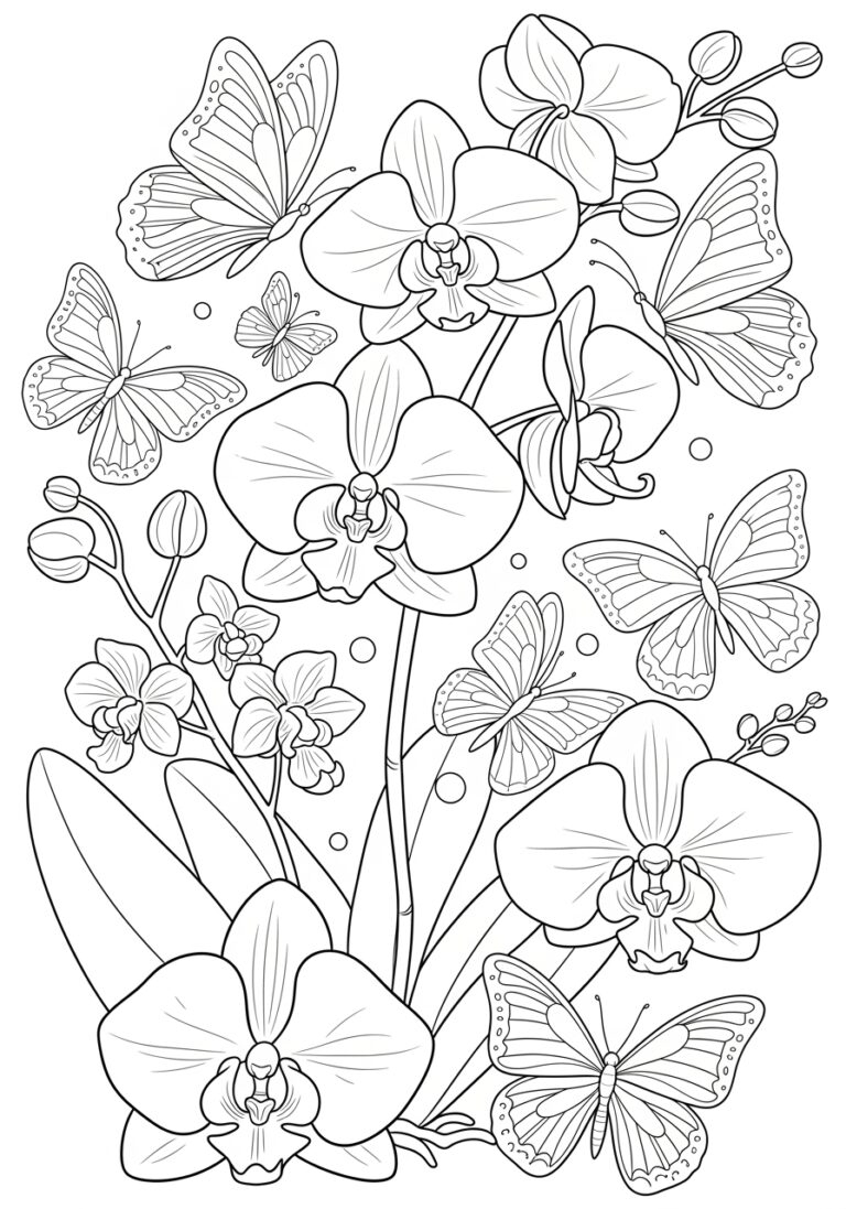 Orchid and Butterfly Fantasy Coloring Page