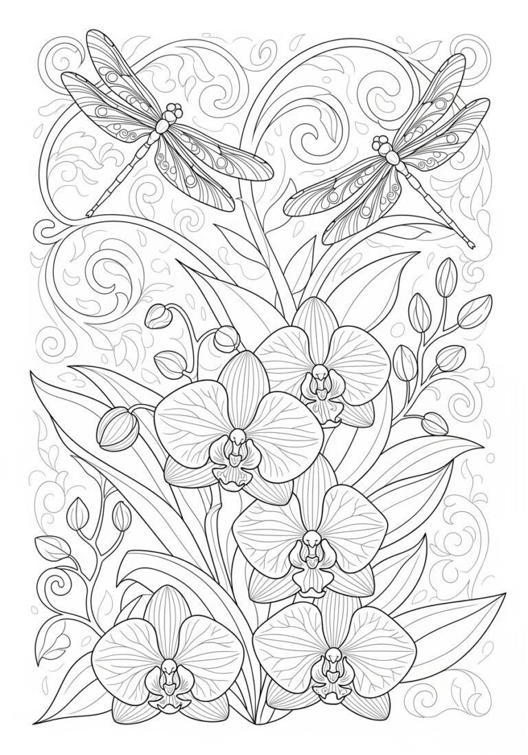 Orchid and Dragonfly Summer Coloring Page
