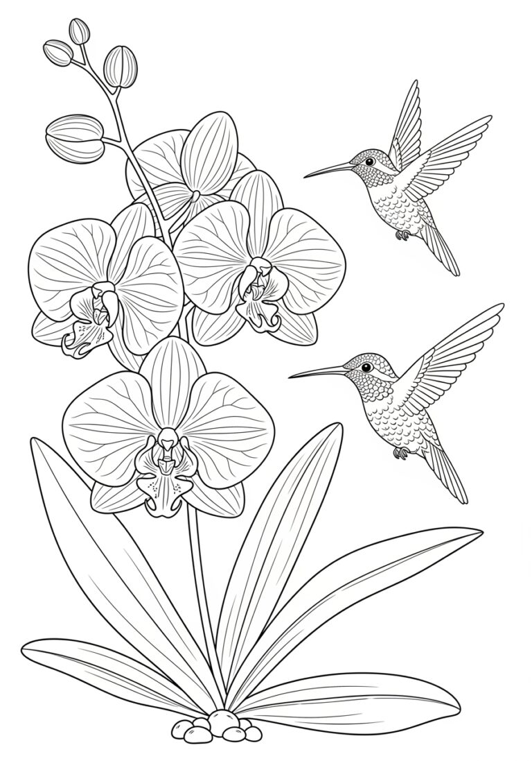 Orchid and Hummingbird Coloring Page