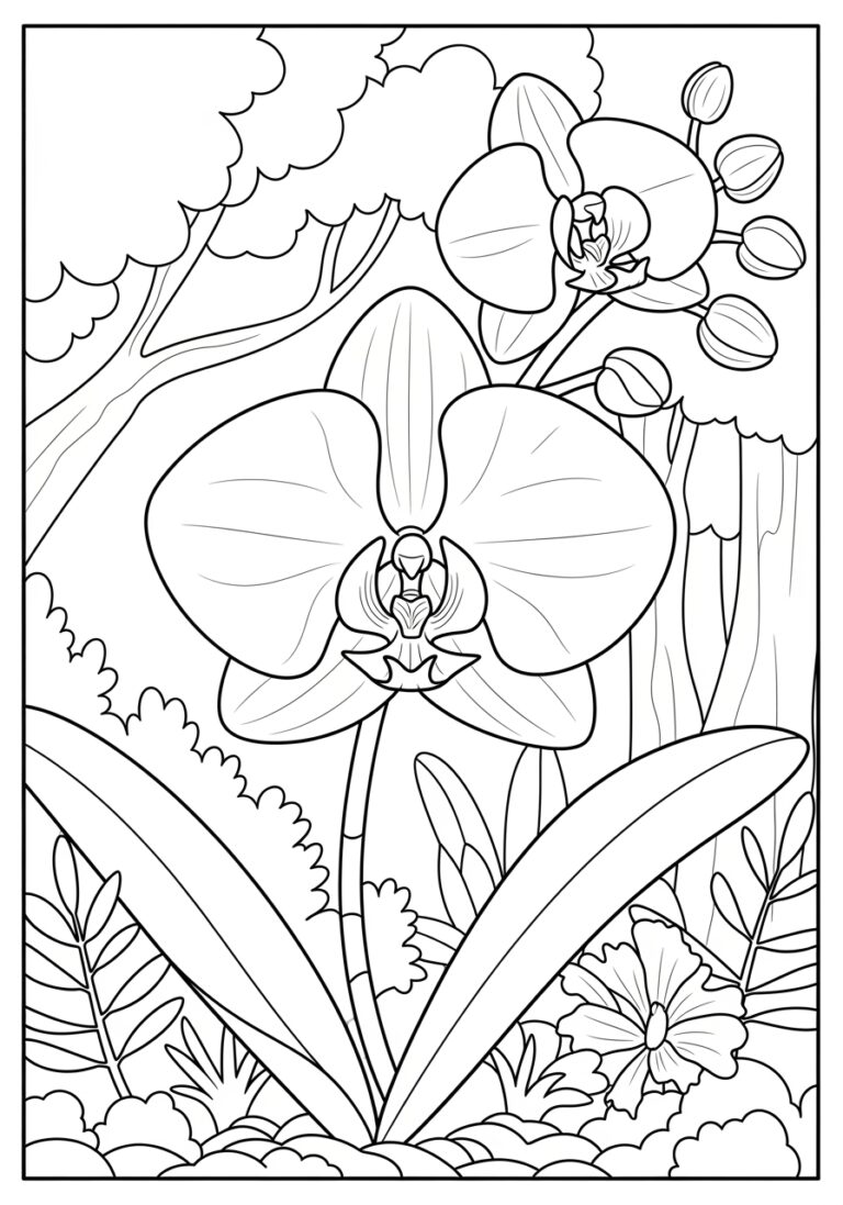 Orchid in a Fairy Tale Forest Coloring Page