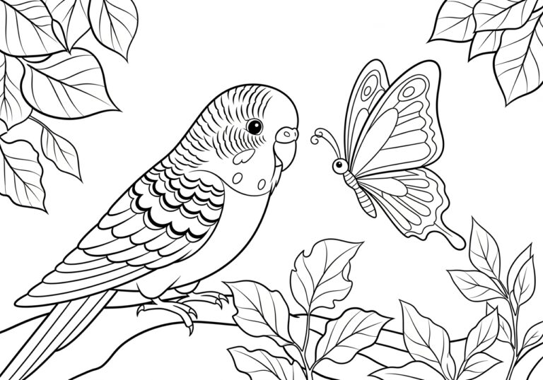 Parakeet and Butterfly Friendship Coloring Page