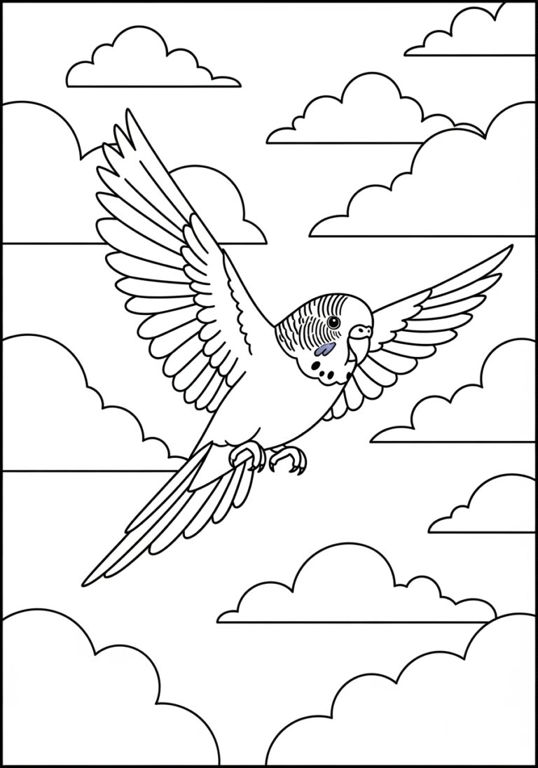 Parakeet Flying Through Clouds Coloring Page